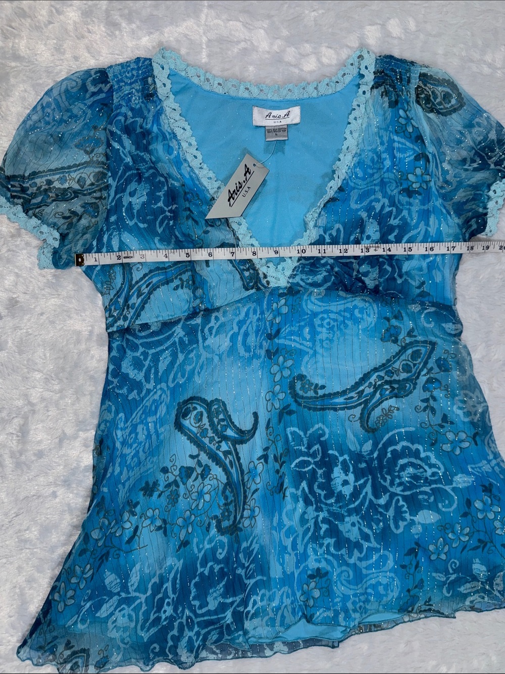 Aris.A NWT 100% Silk Bottom Blue & Turquoise Paisley V-Neck Sheer Blouse - Picture 4 of 10